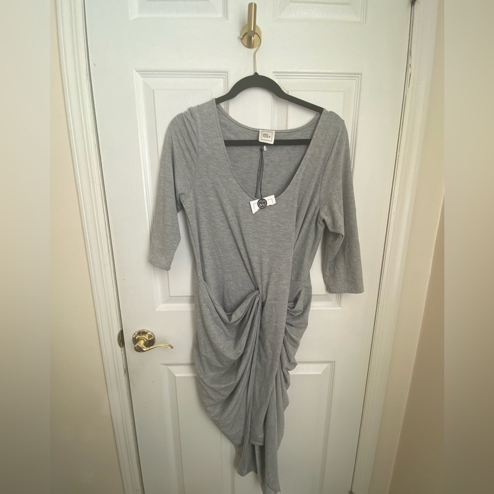 Soft Lisa & Lucy Womens Knit Calf Midi Dress Heather Gray L HighLow Tie Front - Picture 4 of 6